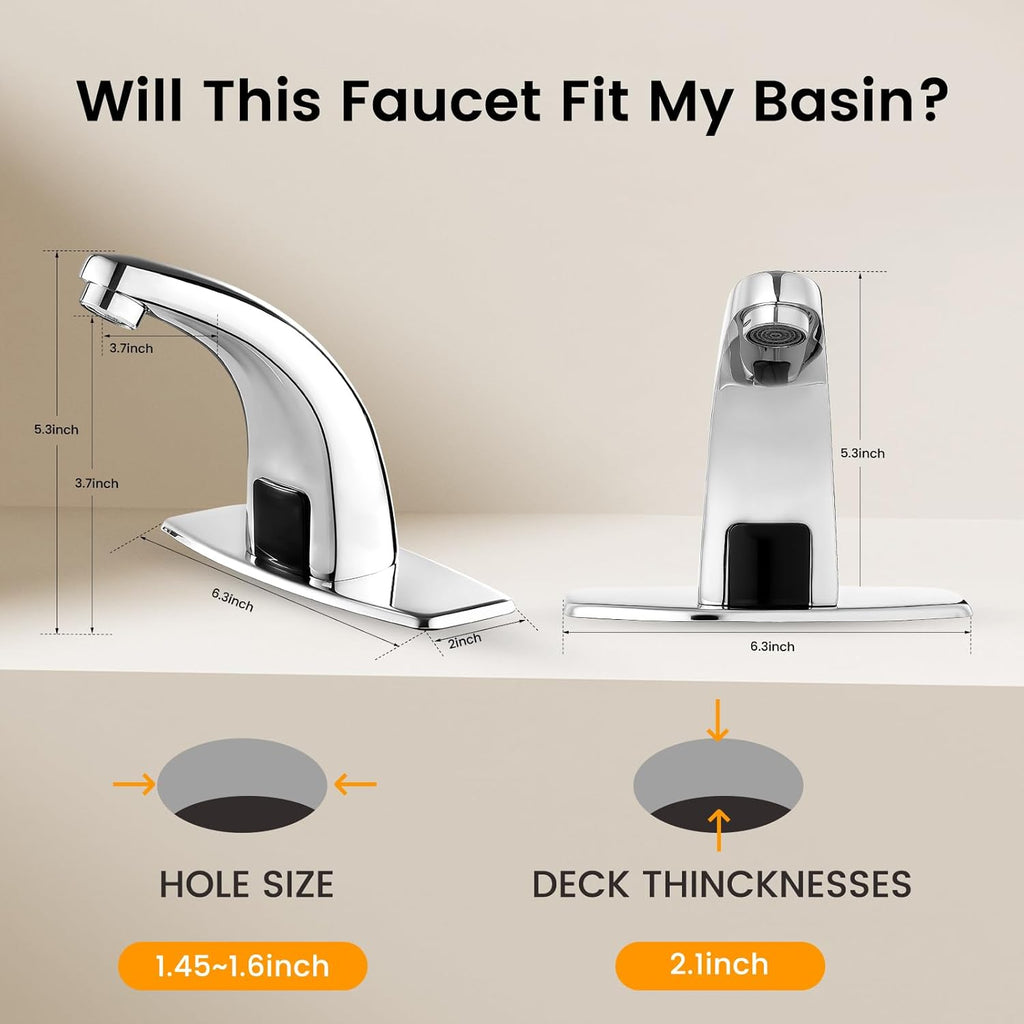 Touchless Bathroom Sink Faucet，Automatic Motion Sensor Faucets with 1 Hole Plate for Water Bath Commercial Lavatory Farmhouse, Chrome