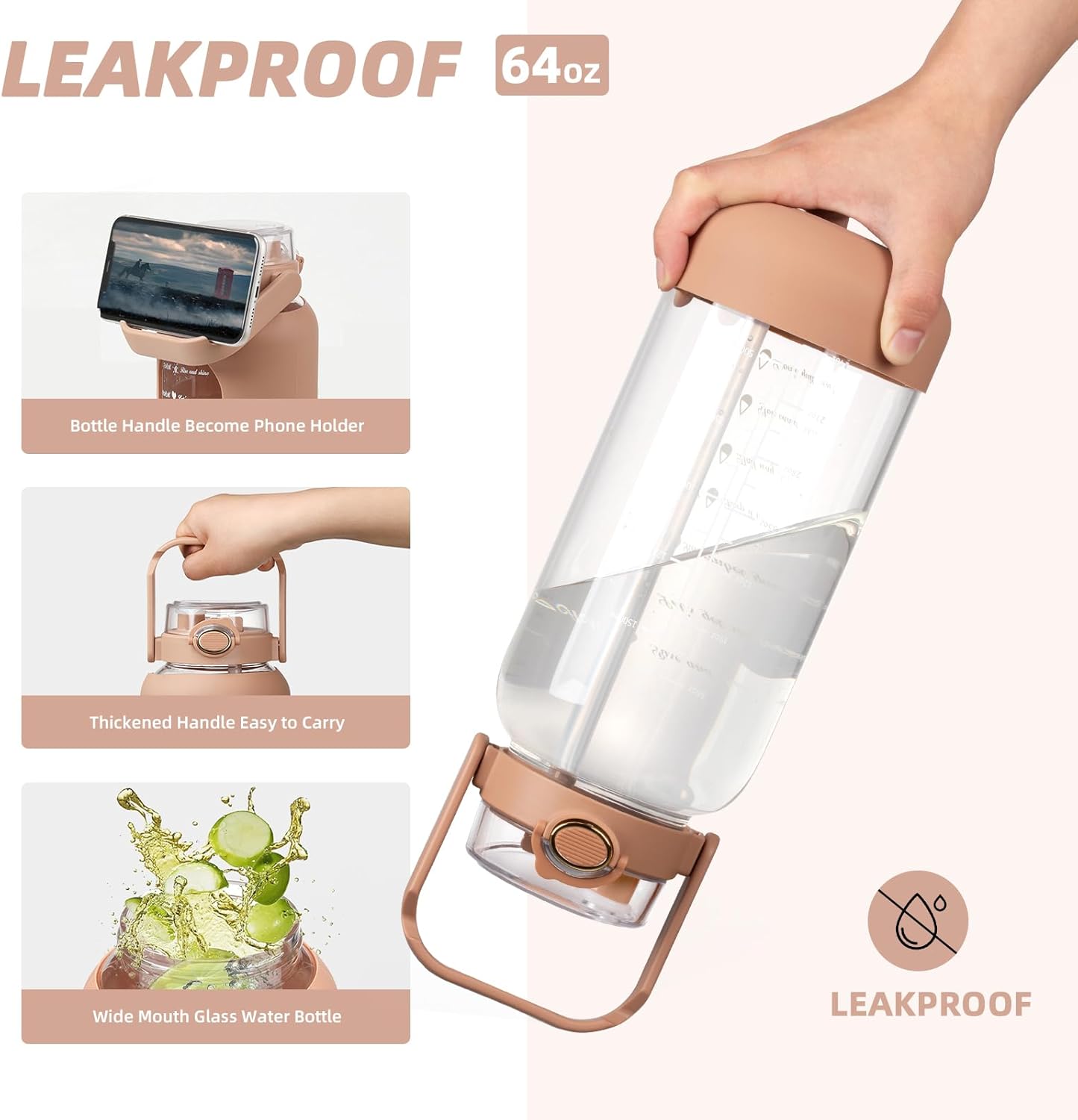 64oz Glass Water Bottle with Straw and Sleeve Half Gallon Motivational Water Bottle with Time Marke and Strap 2L Leakproof Borosilicate Reusable Water Jug for Gym Outdoors