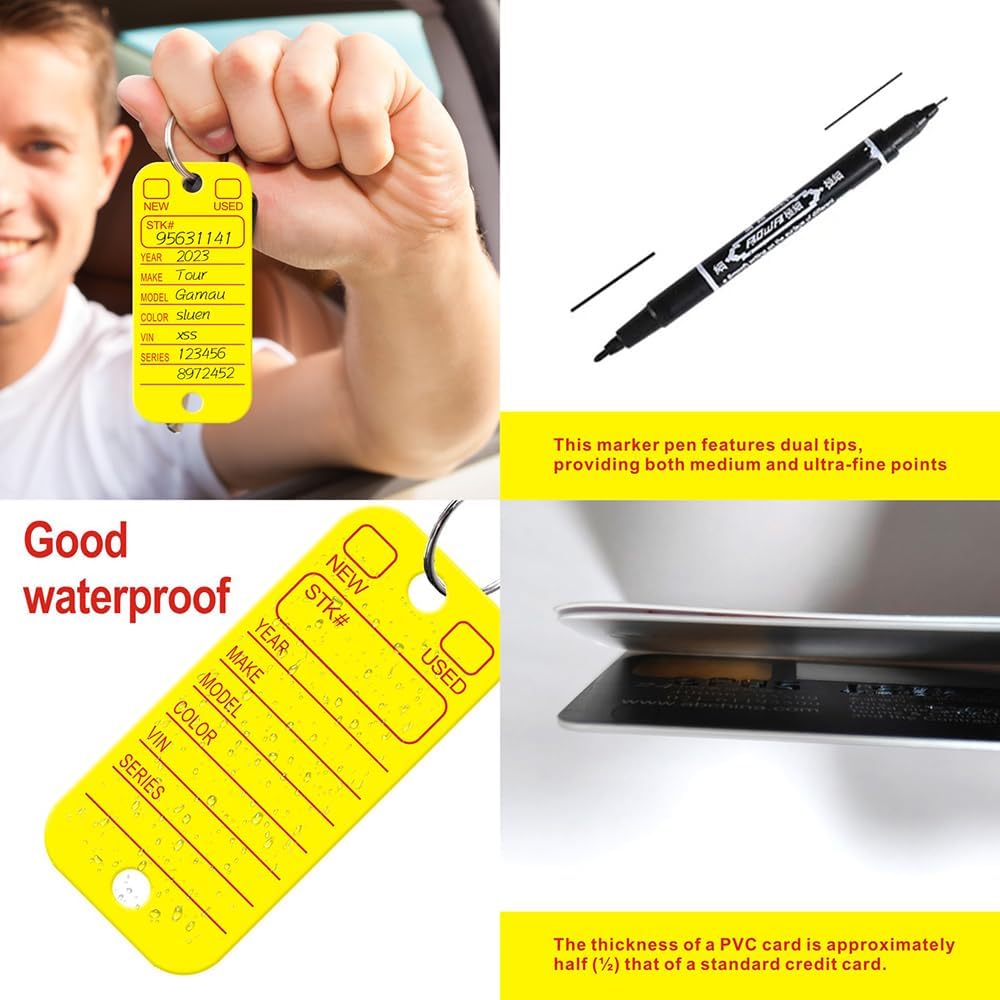 200 Pcs PVC Tags with Labels and Rings, Car Key Tags for Organization, Identifiers, and Luggage Tags with 2 Pcs Markers, Plastic Keychain Tags for Car, Truck, and Dealer Use (Yellow)