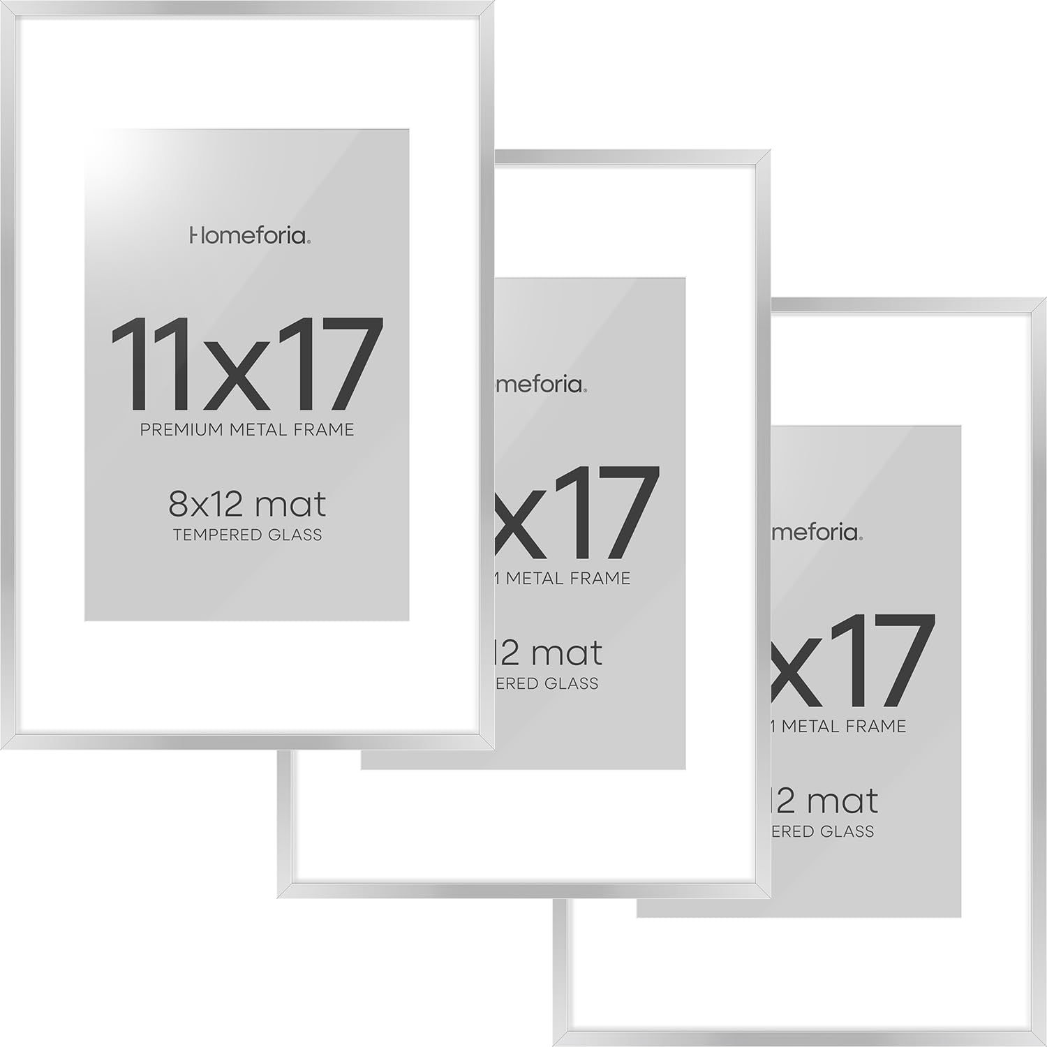 Homeforia 11 x 17 Frame Silver, High End Metal 11x17 Picture Frames with Mat 8x12 for Photo, 11 x 17 Silver Poster Frame Matted to 8 x 12 Print, 17x11 Hanging Frame, Tempered Glass, Wall Kit, Set of 3