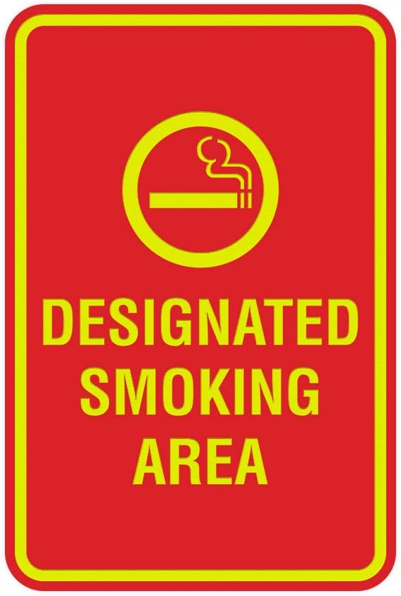 Signs ByLITA Portrait Round Designated Smoking Area Sign with Adhesive Tape, Mounts On Any Surface, Weather Resistant, Indoor/Outdoor Use (Red/Yellow) - Large 2 Pack