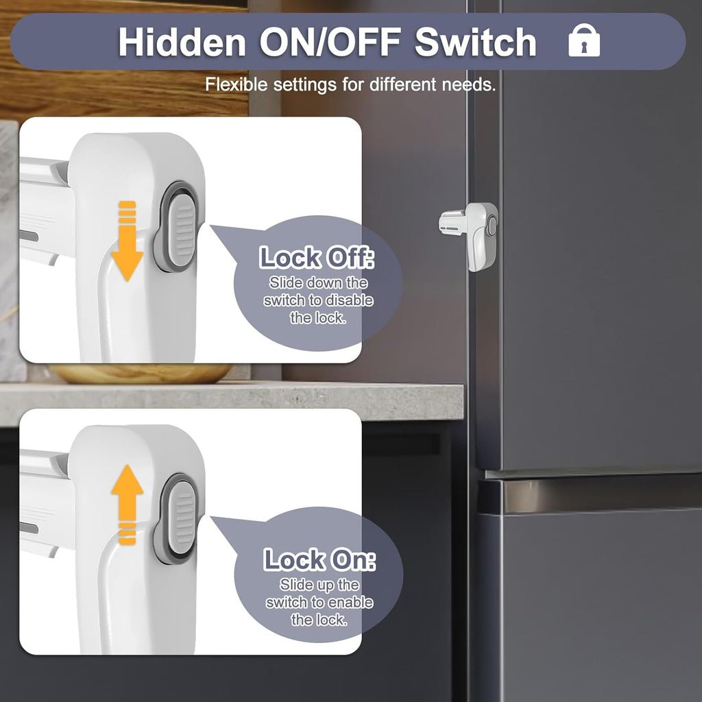 Fridge Lock for Kids, Childproof Refrigerator Door Lock, Fridge Latch with 3M Adhesive, Freezer Locks Automatically Closed, No Drill No Screw, More Security for Kids/Pets (2 Pack, White)