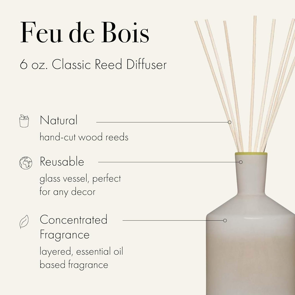 LAFCO New York Classic Reed Diffuser, Feu de Bois - 6 oz - Up to 3 Months Fragrance Life - Reusable Glass Vessel - Natural Wood Reeds - Made in The USA