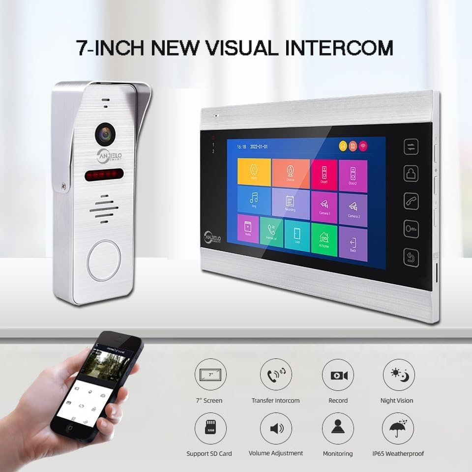 WiFi Video Intercom System with 1080P 160°Wide HD Camera 7 lnch Wired Screen Monitor with Night Vision Motion Detect for Vally Apartment,Tuya (Two doorbell,Three Monitor)
