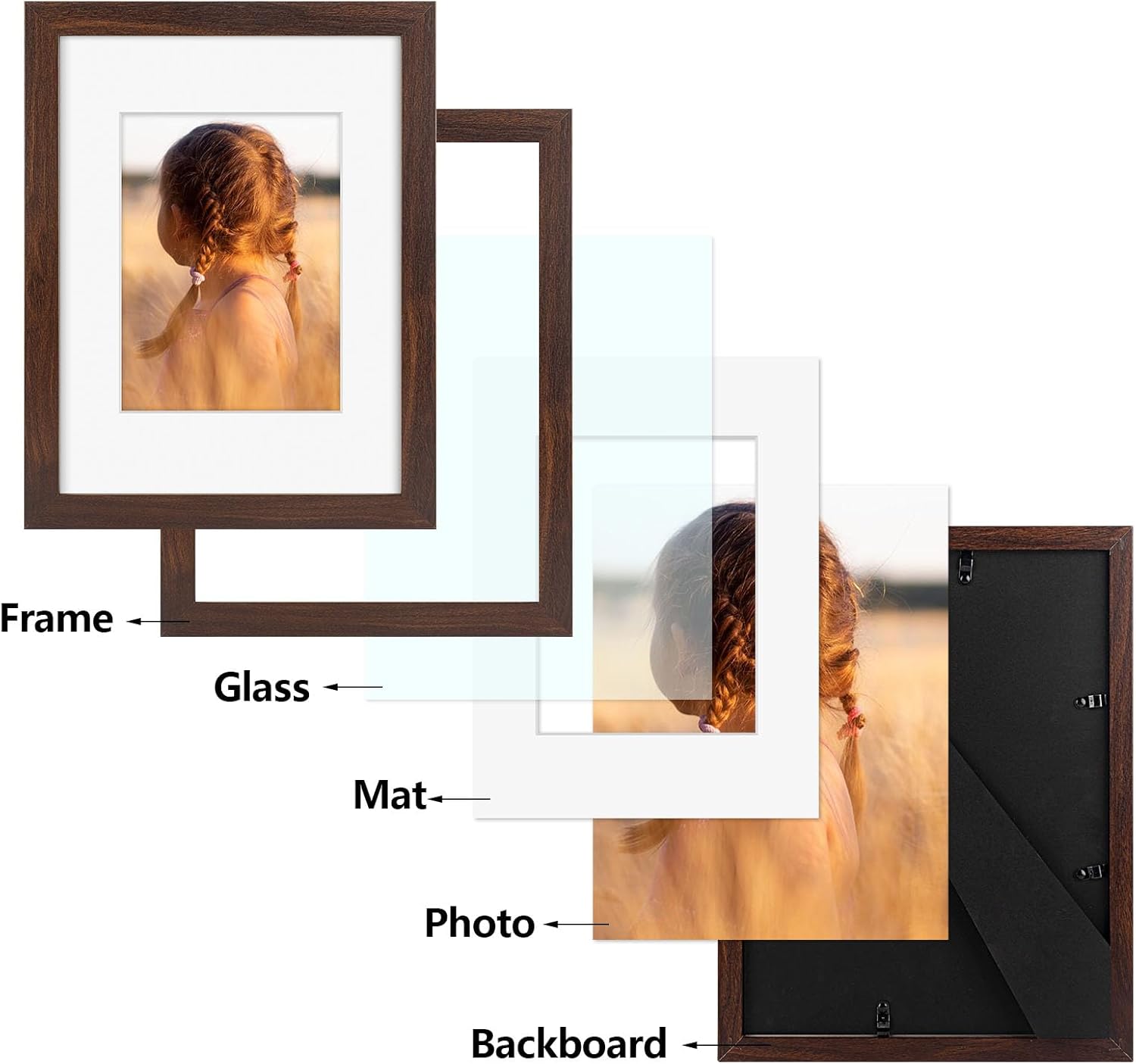 Golden State Art, 9x12 Picture Frame with Mat for 6x8 - High Definition Glass Wall Mounting Horizontal Vertical Display (Brown, 2 Pack)