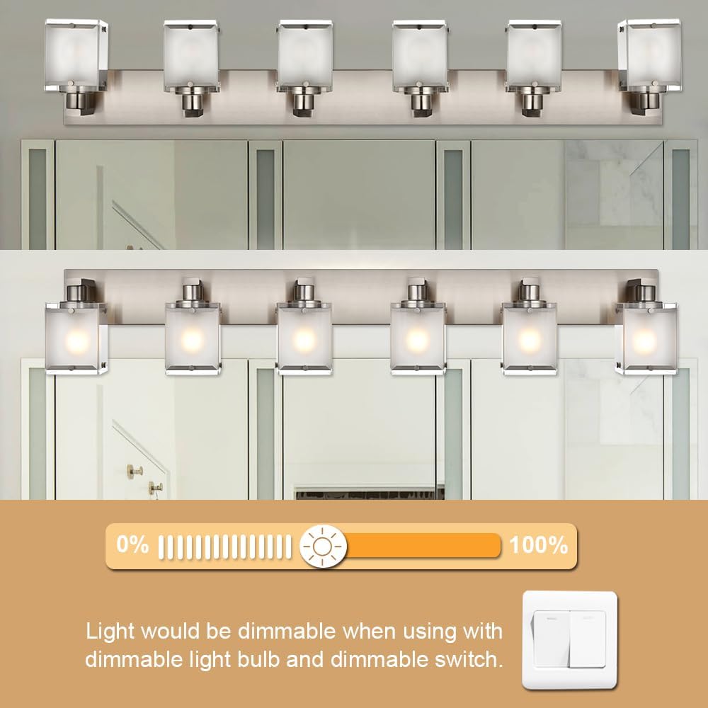 6-Lights Bathroom Vantiy Light Over Mirror, Modern Black Vanity Lighting Fixtures with Rectangular Frosted Glass Shades for Bath Kitchen Wall Mounted, E26 Bulb Base