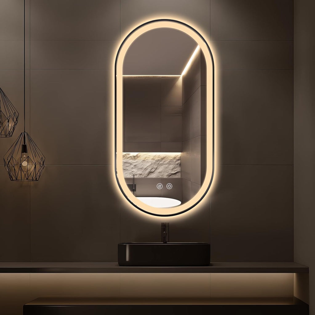 Niccy Oval LED Mirror for Bathroom, 48x24 Front Lit + Backlit Vanity Mirrors with Light Anti-Fog, Shatter-Proof, 3 Colors, Makeup Mirror with Black Frame (Horizontal/Vertical)
