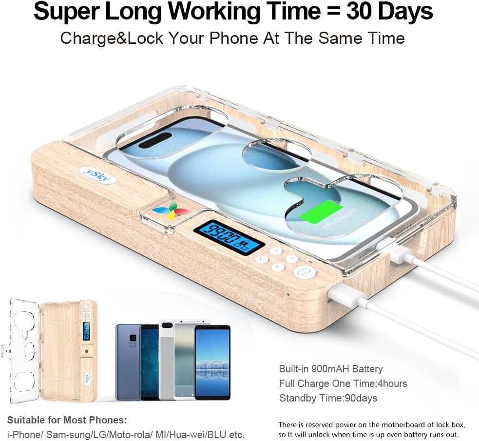 ySky Portable Timed Phone Lock Box for iPhone and Android Phones, Self-Control Timer Phone Locker Box to Help Kids,Students, Adults Focus Back(Woodgrain)