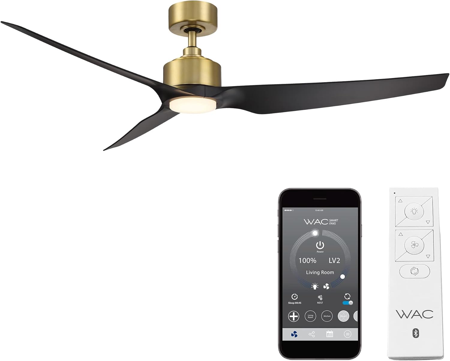 WAC Smart Fans Stella Indoor and Outdoor 3-Blade Ceiling Fan 60in Satin Brass Matte Black 3000K LED with Remote Control Compatible with Alexa and iOS or Android App