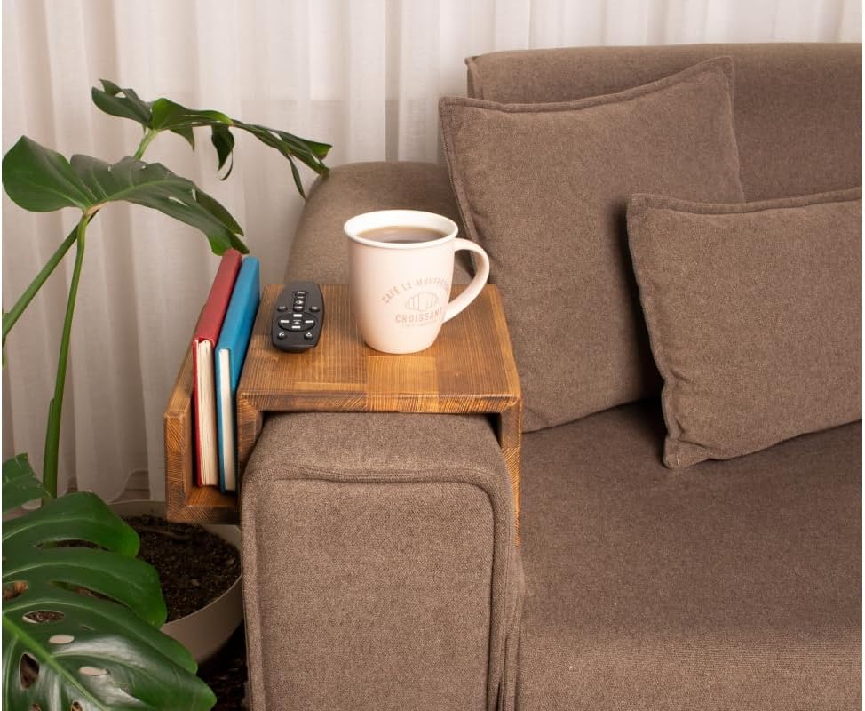 Wooden Couch Arm Tray – Sofa Armrest Table with Book & Magazine Holder, Perfect for Coffee & Remote Control, Solid Wood (Cape Town)