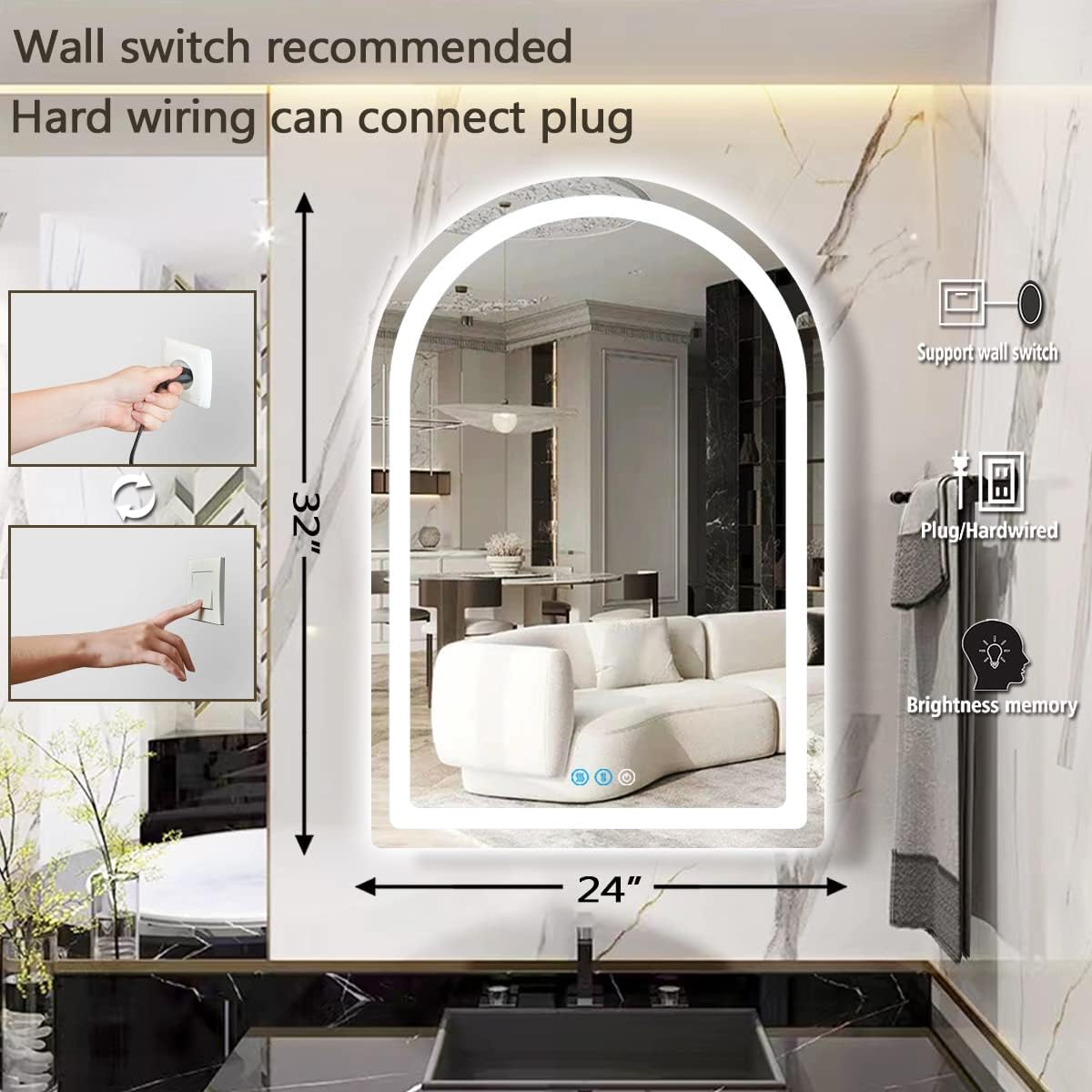 THEKLA 24 x 32 Inch LED Arched Mirror with Lights Memory 3 Color Adjustable Brightness Frontlight Arch Lighted Vanity Mirror for Bathroom Wall TableTop AntiFog 32" Bathroom Smart Arch Light up Mirrors