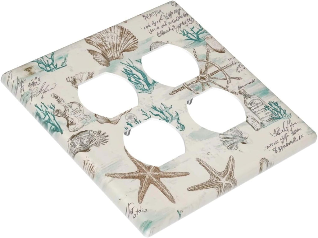 Mid Century Seashells Starfish Compass Outlet Covers 2 Gang Double Duplex Decorative Light Switch Covers Electrical Wallplates Socket Faceplate For Nursery Kids Room Decor