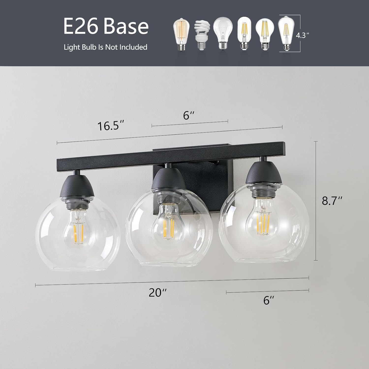 Bathroom Light Fixtures, 3-Light Matte Black Vanity Light with Hand-Blown Thick Glass Shades, Premium Clarity & Shatter-Resistant, Wall Sconces for Mirror, Kitchen, Bedroom