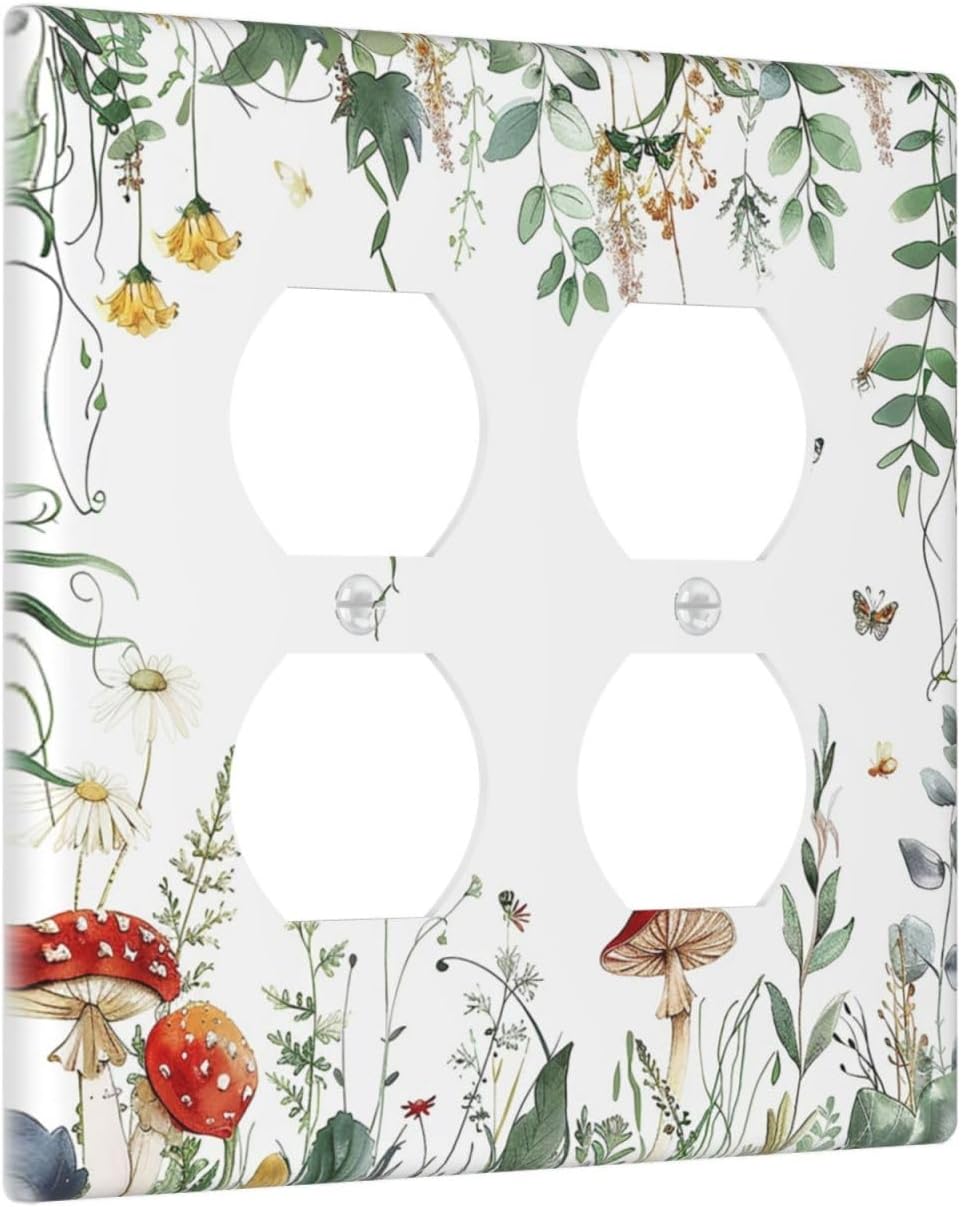 Outlet Covers Sage Plant Red Mushroom Butterfly Wild Flower 2 Gang Double Duplex Decorative Light Switch Covers Electrical Wallplates Socket Faceplate For Bed Room Kids Room Decor