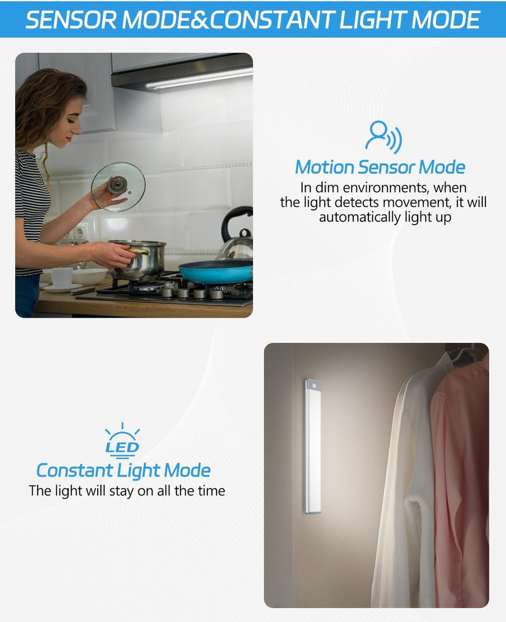 HIBOITEC Motion Sensor Under Counter Lights 2 Pack Rechargeable, 30-LED Wireless Cabinet Lighting Magnetic Self-Adhesive, 180lm Ultra Thin Closet Light for Kitchen, Cupboard, Drawer, Hallway, White