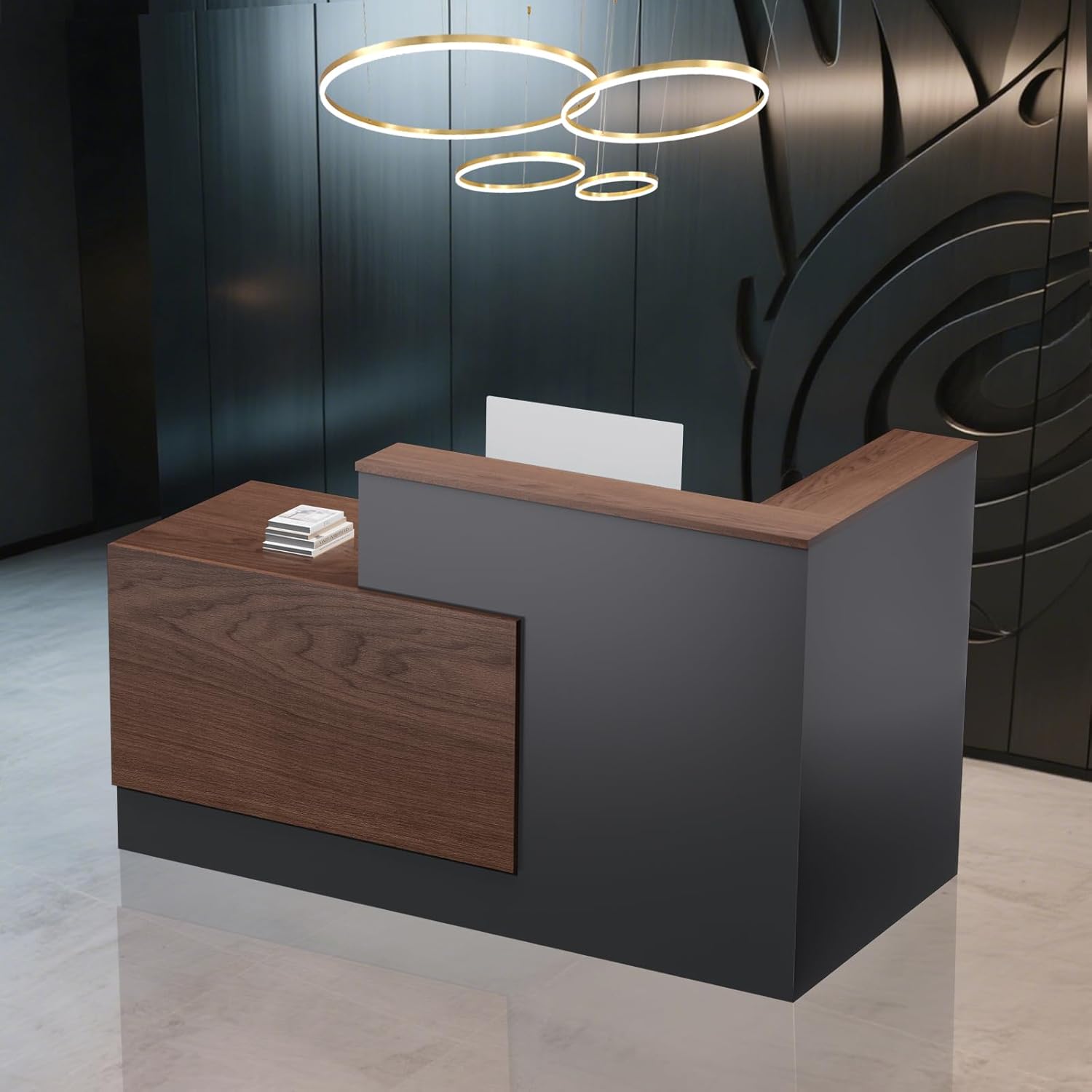 L-Shaped Modern Reception Desk with Counter & Storage - 71" Large Office Front Desk, Salon Checkout Counter with Lockable Cabinets, Shelves(Brown & Black, Right - 71''L x 34''W x 41''H)