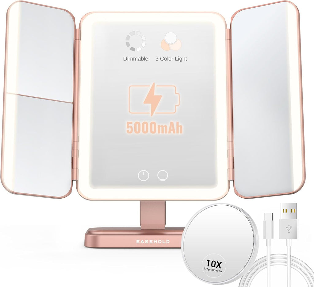 EASEHOLD Rechargable Makeup Mirror Vanity Mirror with Lights, 5000Mah & USB Cable, 112 LEDs Lighted Trifold Mirror with 1X 2X 3X 10X Magnification, Smart Touch, Portable Cosmetic Beauty Mirror