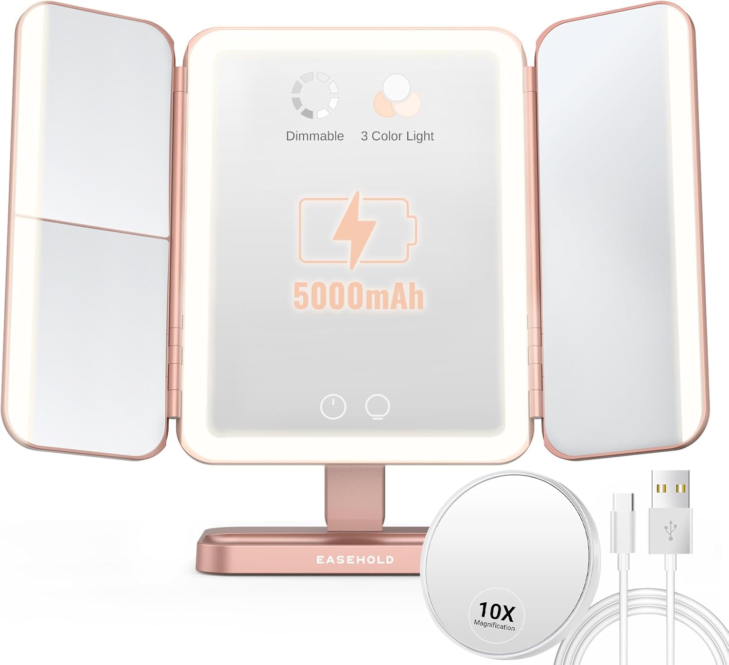EASEHOLD Rechargable Makeup Mirror Vanity Mirror with Lights, 5000Mah & USB Cable, 112 LEDs Lighted Trifold Mirror with 1X 2X 3X 10X Magnification, Smart Touch, Portable Cosmetic Beauty Mirror