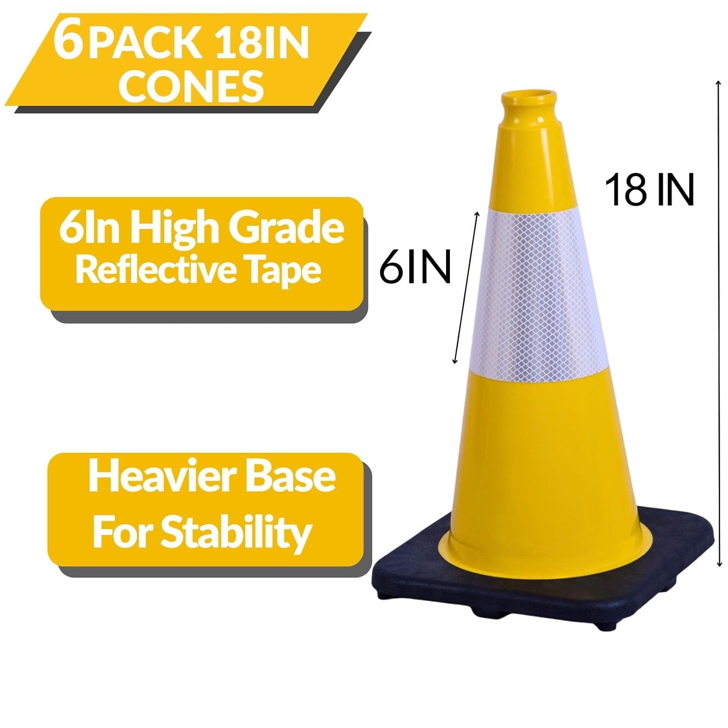 BESEA 6Pack 18 Inch Yellow Traffic Cones with 6 Inch Reflective Collar, Heavy Duty PVC Safety Cones with 10.5 x 10.5 Inch Base for Parking, Driving Practice, Sports Training, and Construction