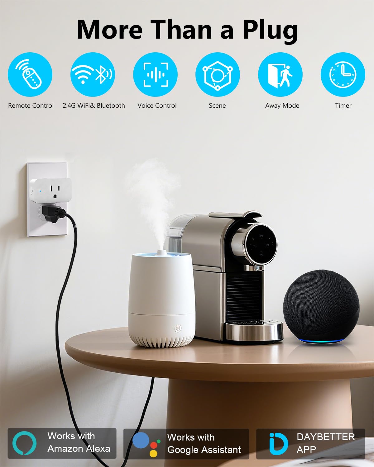 DAYBETTER Smart Plug 15A/1800W, Smart Plugs Compatible with Alexa and Google Home, 2.4GHz WiFi Bluetooth Alexa Smart Plugs, Smart Outlet with APP Control, Timer & Schedule, 4Pack