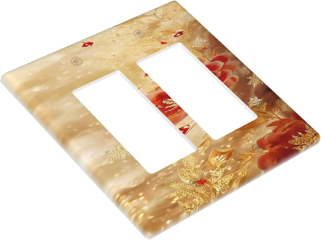 Decorative Outlet Covers Golden Leaf Red Peony Flowers Floral 2 Gang Wall Plate Double Rocker Two Switch Wall Cover Plate Jumbo Dual GFCI Faceplate for Bedroom Decor