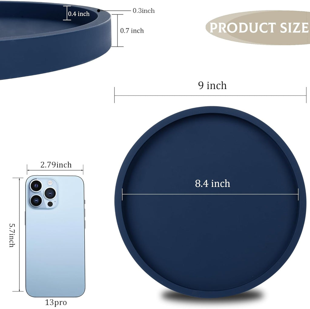 Silicone Bathroom Tray Round Vanity Tray Decorative Soap Holder Kitchen Countertop Organizer Coffee Table Decor for Candle, Perfume, Plant, 9 Inch, Dark Blue