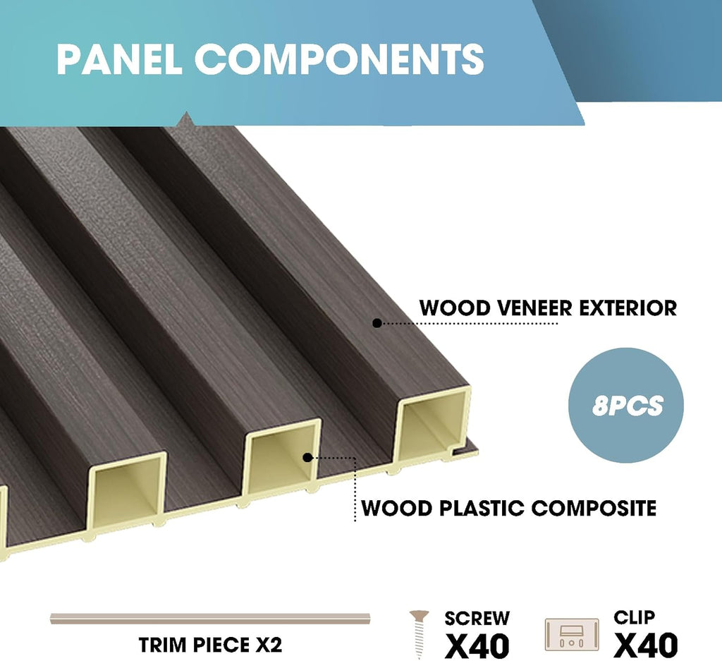OUZUGIE WPC Acoustic Slat Wall Paneling, 8-Pack 114 x 6 Inches 3D Wall Panels for Interior Wall Decor,Living Room,TV Background,Study Room,Office Spaces,Bedroom,High Grille (Walnut)