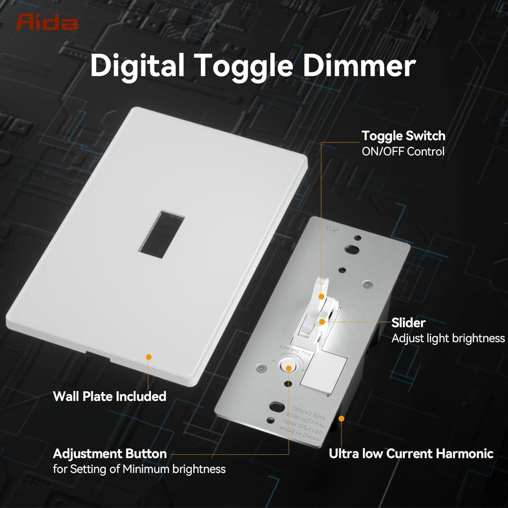 AIDA Digital Toggle Dimmer Switch for Dimmable LED, CFL & Incandescent Bulbs, Single Pole/3-Way, Screwless Wall Plate Included, UL Listed, No Neutral Wire Needed, Matte White (1 Pack)