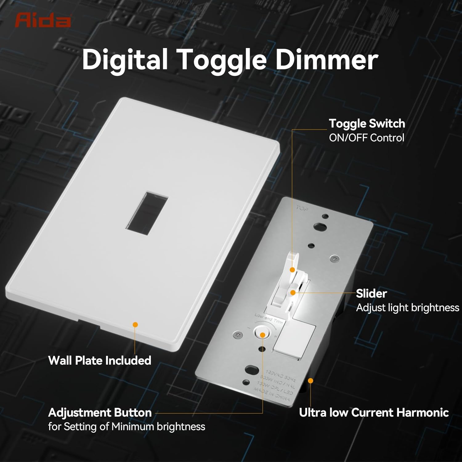 AIDA Digital Toggle Dimmer Switch for Dimmable LED, CFL & Incandescent Bulbs, Single Pole/3-Way, Screwless Wall Plate Included, UL Listed, No Neutral Wire Needed, Matte White (1 Pack)