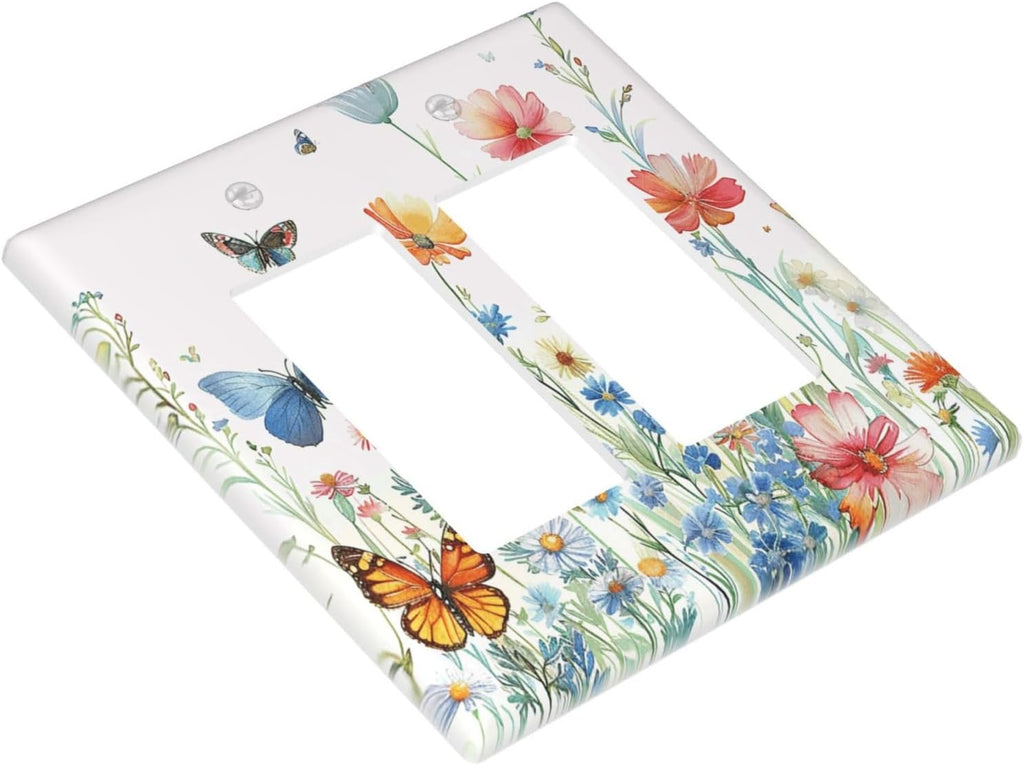 Decorative Outlet Covers Rustic Wildflower Blue Pink Floral Butterfly 2 Gang Light Switch Cover Plate Double Rocker Wall Plates for Electrical Outlets Switch Plate Covers for Home Decor