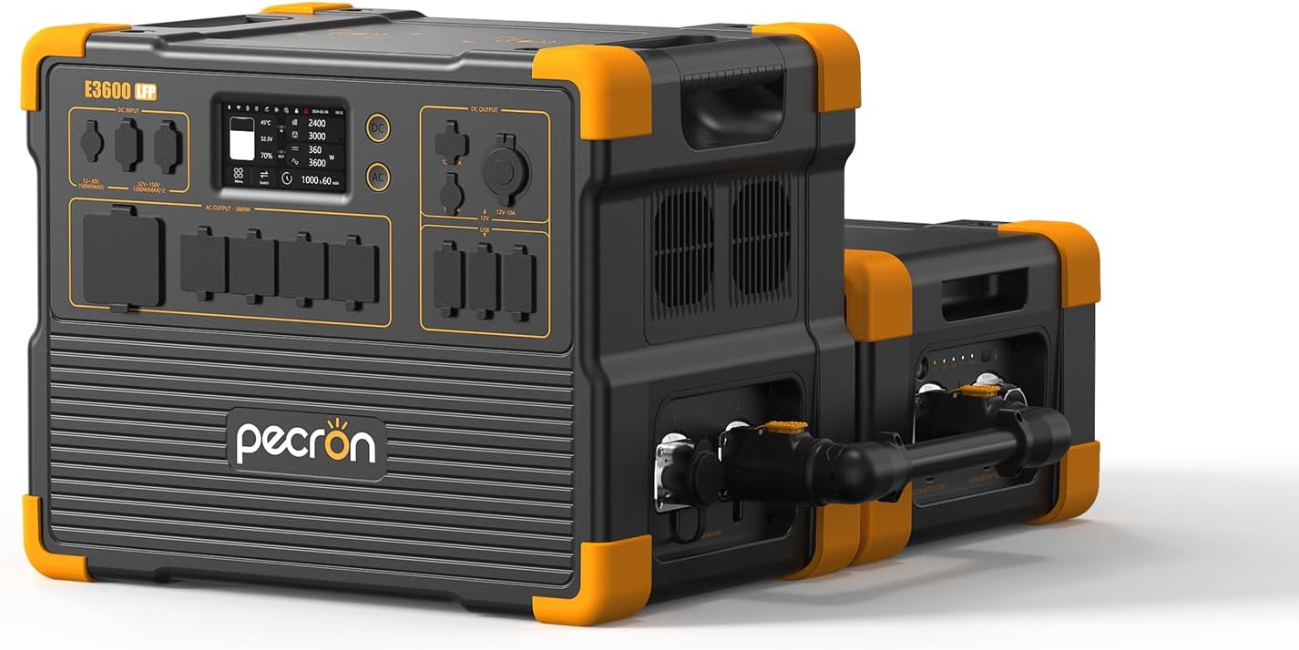 pecron Portable Power Station 3072Wh E3600LFP with 3072Wh EP3000-48V Expandable to 6054Wh, 5x3600W AC Outlets Power Station, LiFePO4 Battery Backup Solar Generator for RV, Camping, CPAP, Emergency