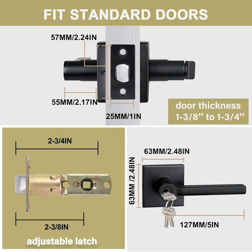 Keyed Entry Door Lever with Lock, Heavy Duty Square Interior Handle for Front Door and Office, Matte Black, Reversible for Right&Left Handed, 2Packs