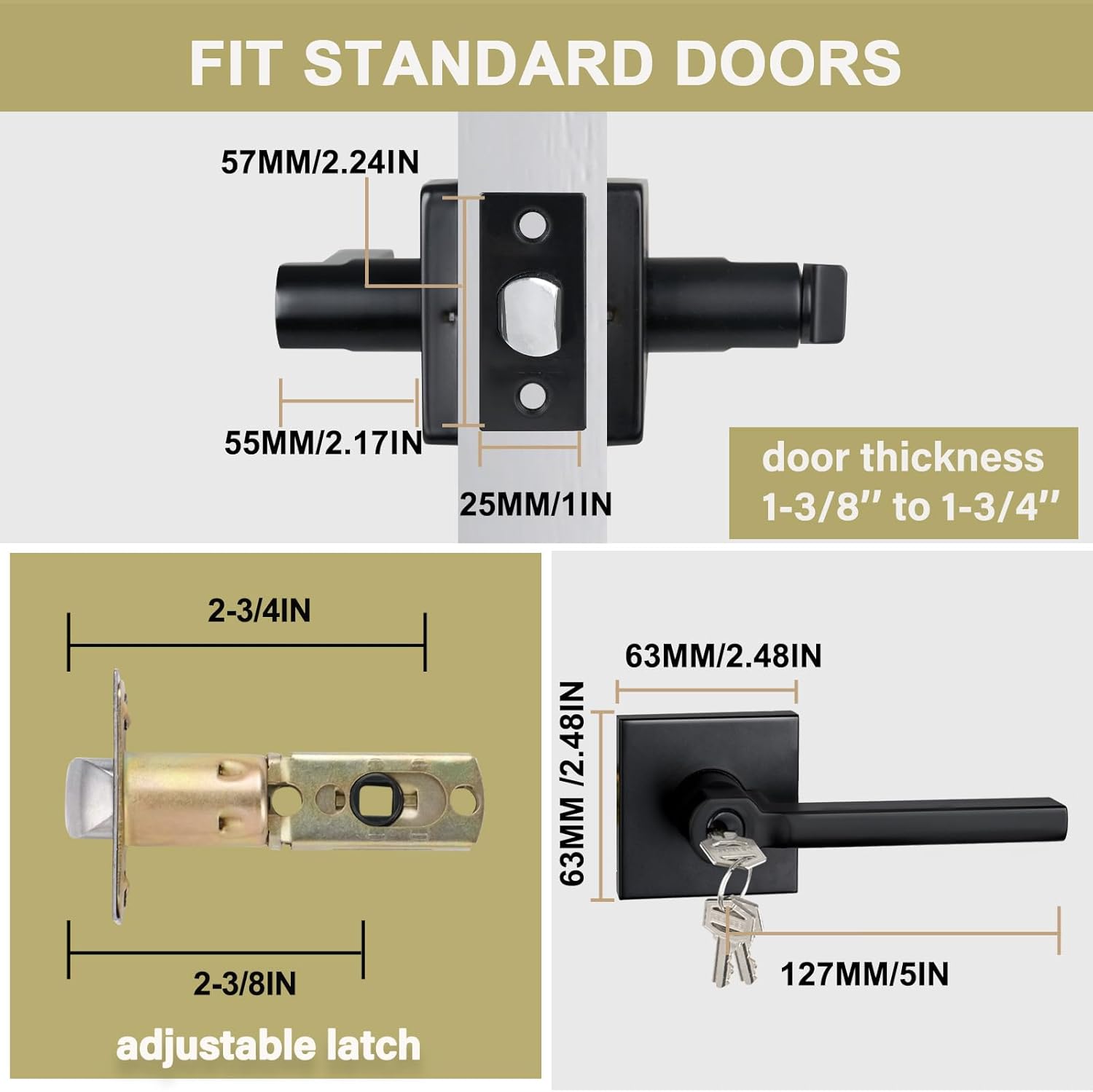 Keyed Entry Door Lever with Lock, Heavy Duty Square Interior Handle for Front Door and Office, Matte Black, Reversible for Right&Left Handed, 6Packs