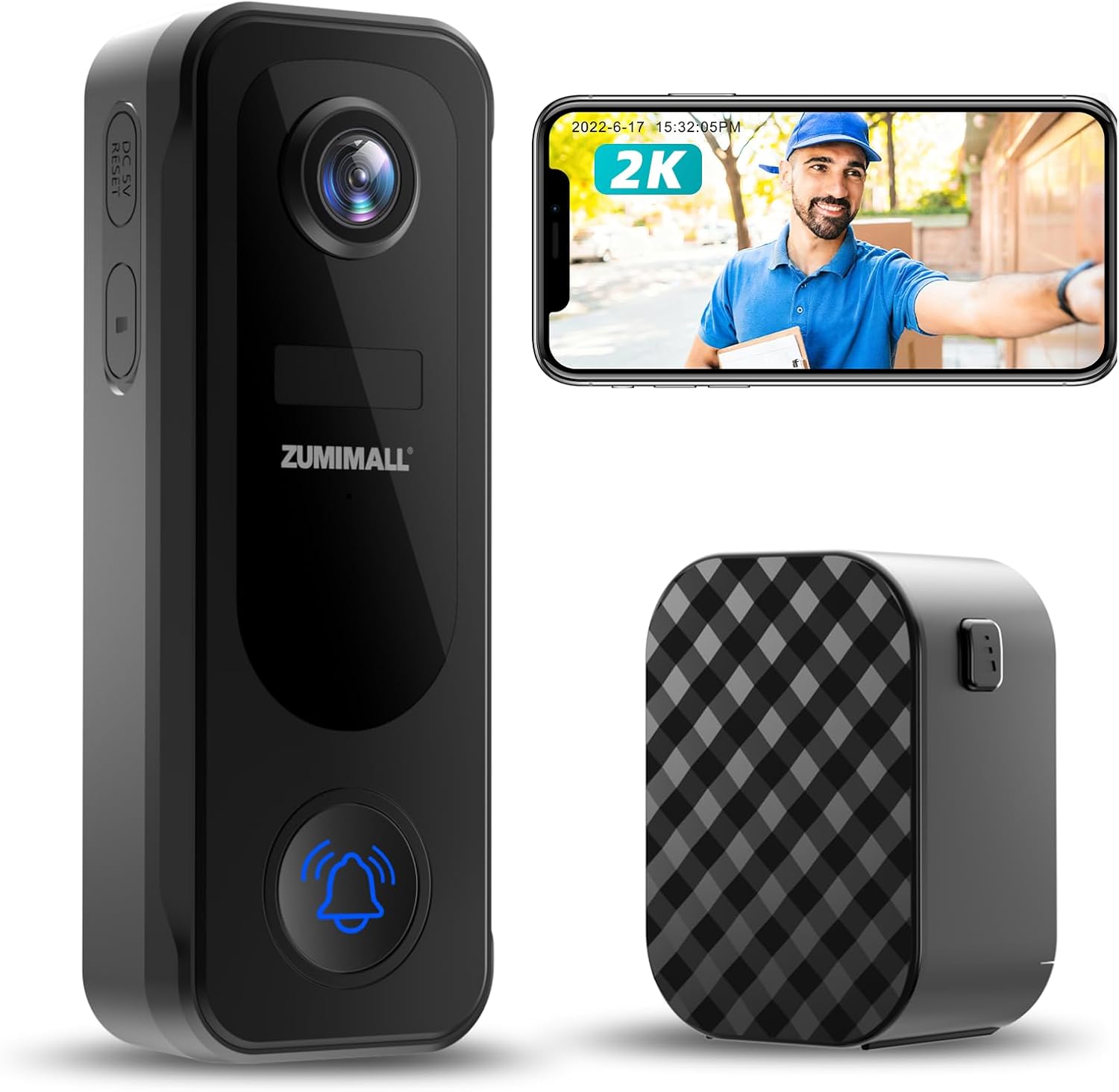 ZUMIMALL Doorbell Camera Wireless No Subscription - 2K Video Doorbell with Chime, 2 Way Audio, Anti-Theft, PIR Human/AI Detection, Local/Cloud Storage, 2.4GHz WiFi, Battery Powered, Work with Alexa