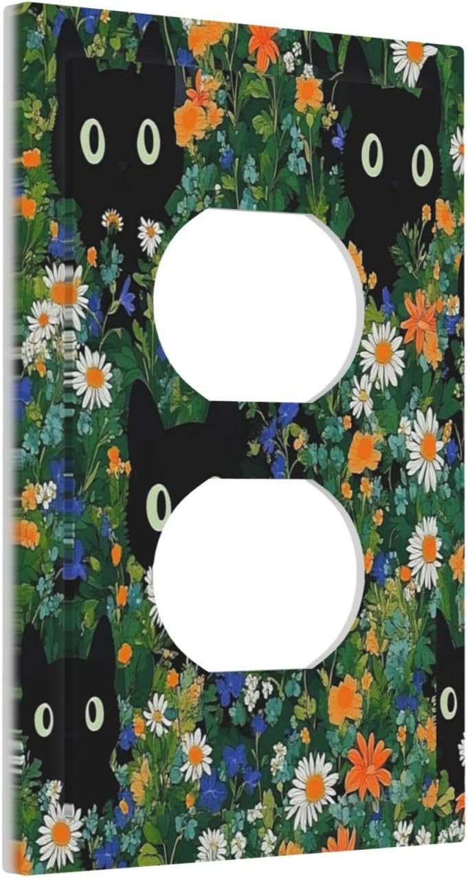 Boho Funny Black Cute Cats Daisy Wildflower Outlet Covers 1 Gang Duplex Light Switch Cover Decorative Switch Plates Electrical Receptacle Faceplate Wall Plate For Kids Room Bed Room Decor