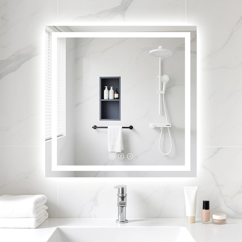 30x30 LED Bathroom Mirror with Lights, Anti-Fog, Backlit + Front Lit (CRI>90), Lighted Bathroom Vanity Mirror for Wall, Memory Function, Dimmable, Tempered Glass, Shatter-Proof