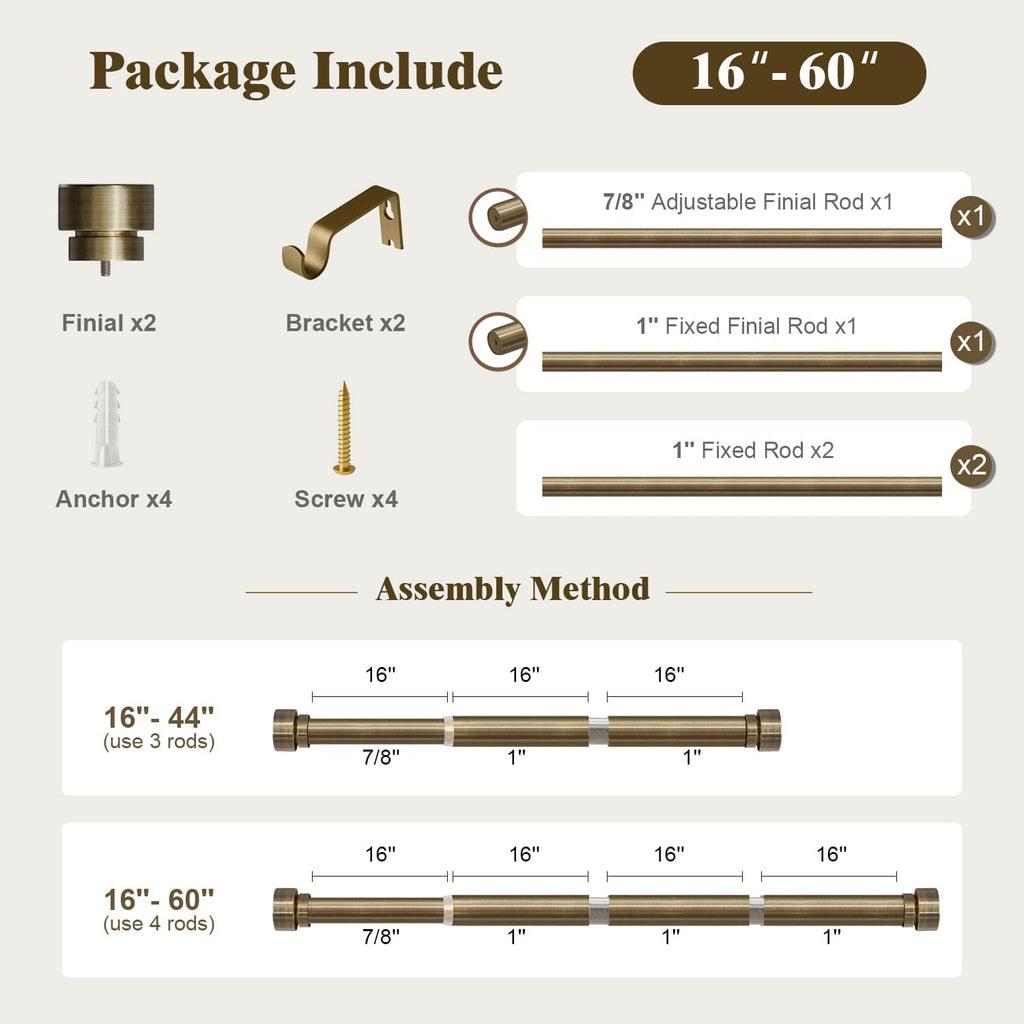 Oneach Heavy Duty Curtain Rods for Windows 28 to 48 Inch, 1 Inch Antique Bronze Curtain Rod, Adjustable Length Rod with Metal Finials, Modern Decorative for Bedroom Kitchen Living Room(16 to 60 Inch)