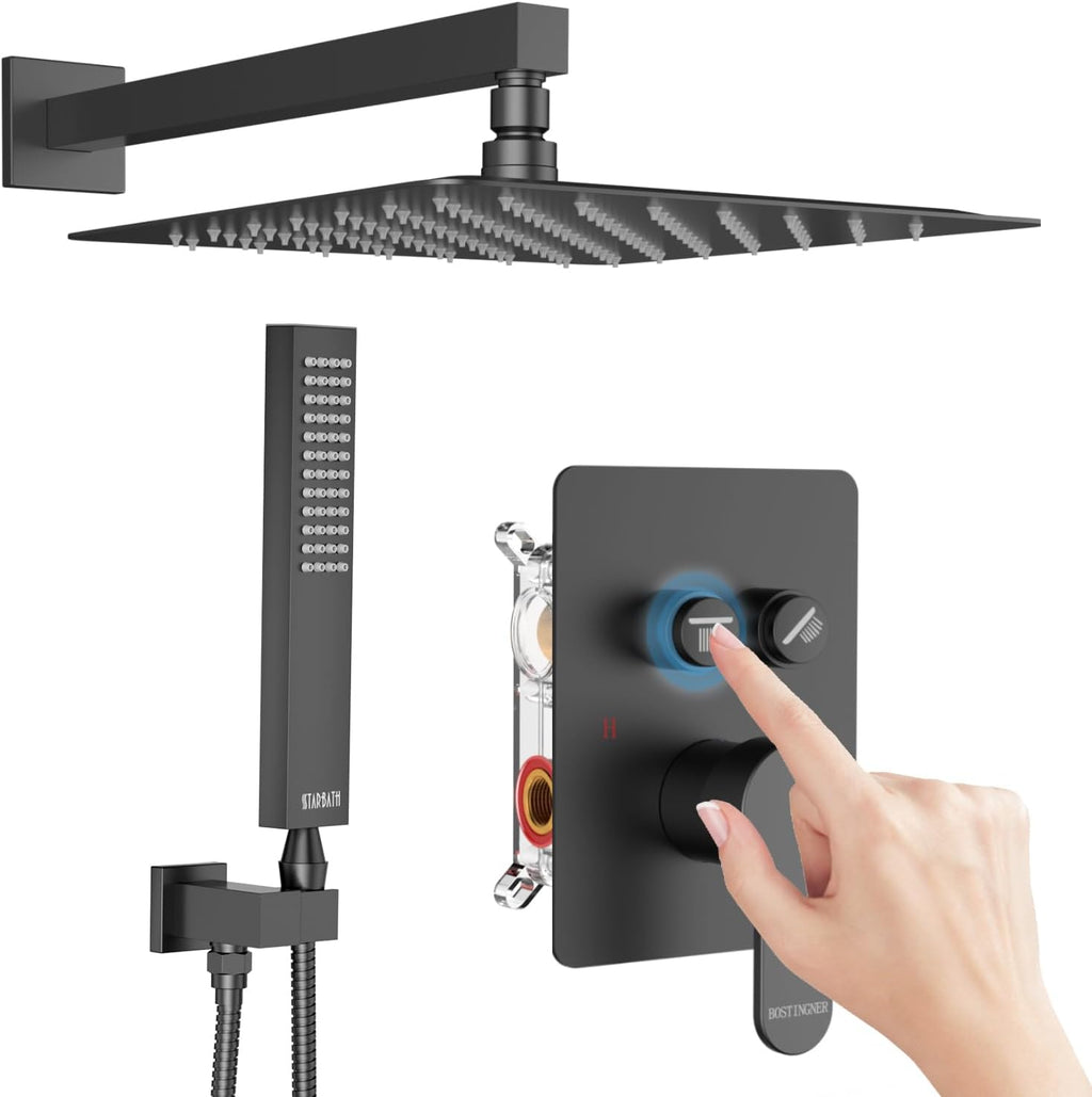 Rainfall Shower System with Handheld Spray and 12" Rain Shower Head, Can Be Use at Same Time, Push Button Multi Shower Head System for 2 People, Matte Black