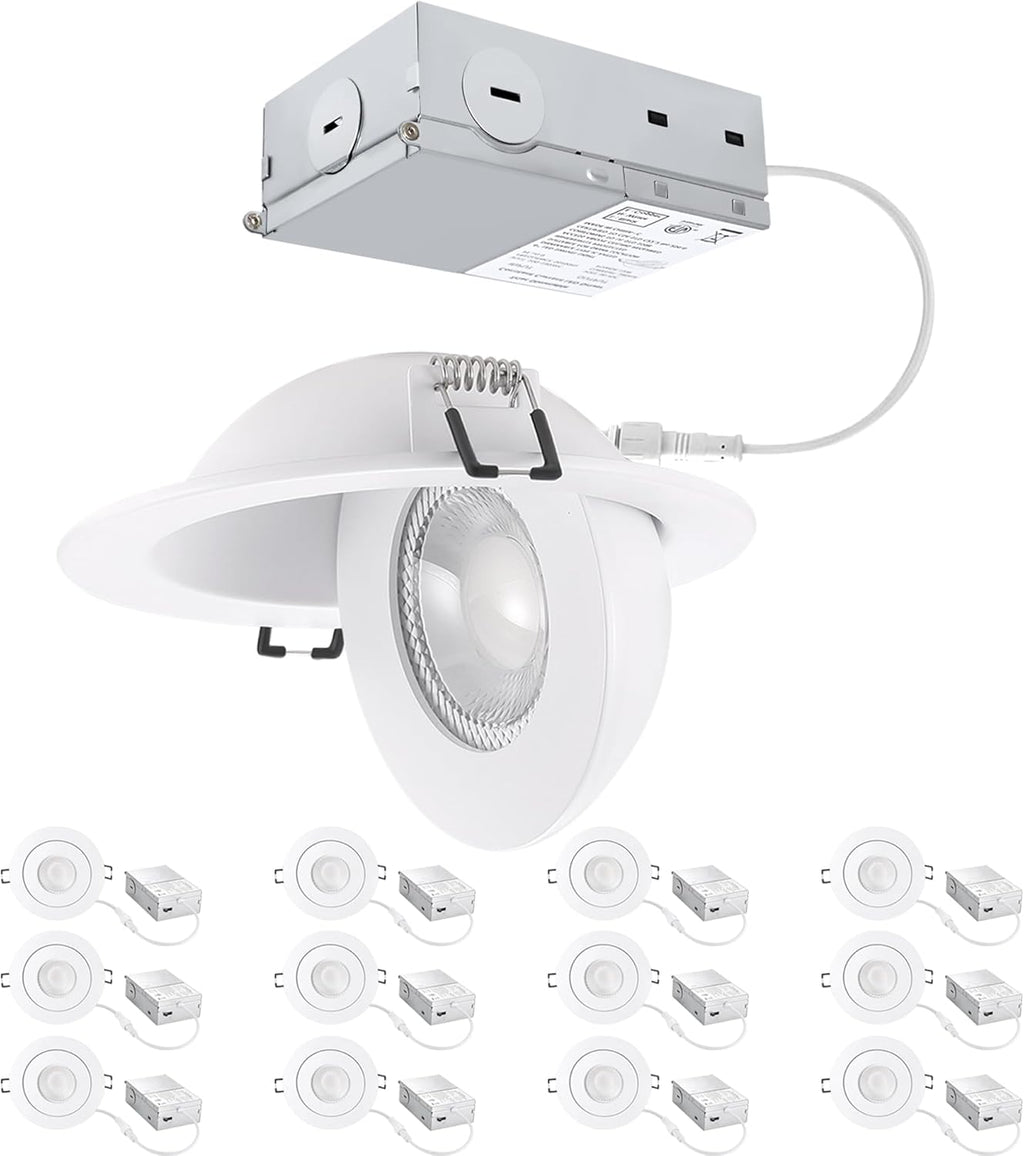 4 inch LED Gimbal Recessed Light, 9W 750lm Eyeball Sloped Ceiling Task Lighting, Soffit Wafer Indoor Directional Lighting, 90° Tilt and 360° Rotation Recessed Lighting 4 inch White 12Pack