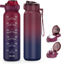 Insulated Water Bottle 32oz with 2Lids(Straw Lid & Spout Lid), 1L Double Walled Water Bottle with Time Marker, 1000ml Stainless Steel Metal Flask for Fitness, Gym and Outdoor RED BLACK