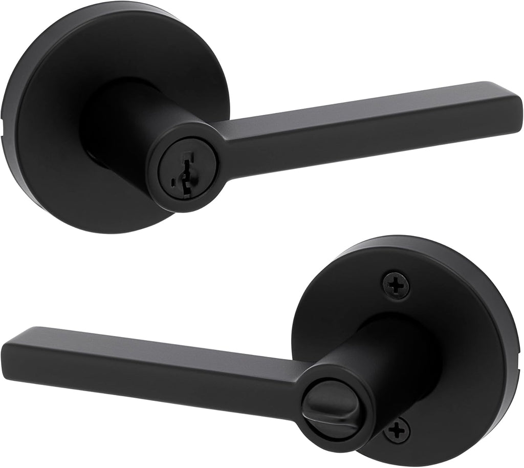 Kwikset Halifax Entry Door Handle with Lock and Key, Secure Round Keyed Reversible Lever Exterior, for Front Entrance and Bedrooms, Matte Black, Pick Resistant Smartkey Rekey Security and Microban
