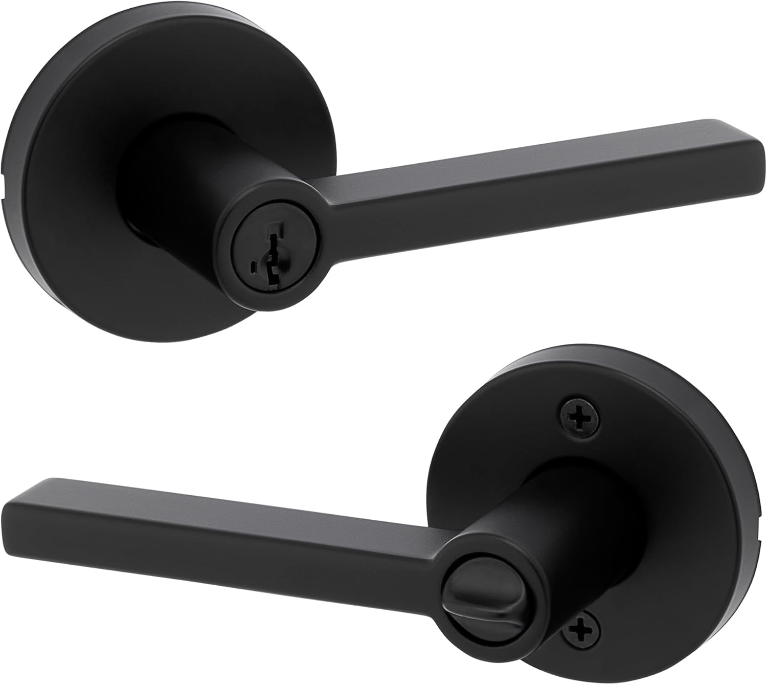 Kwikset Halifax Entry Door Handle with Lock and Key, Secure Round Keyed Reversible Lever Exterior, for Front Entrance and Bedrooms, Matte Black, Pick Resistant Smartkey Rekey Security and Microban