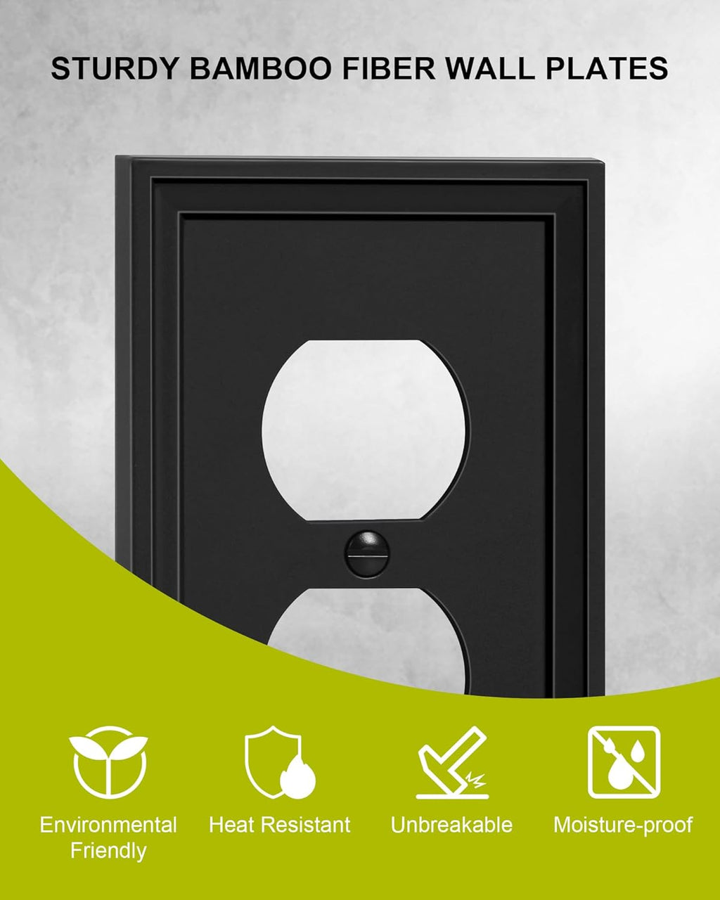 6-Pack Duplex Outlet Cover, Natural Bamboo Fiber Switch Plates and Outlet Covers, Black Decorative Wall Plates for Electrical Outlets, 1 Gang Receptacle Cover, Corrosion Resistant