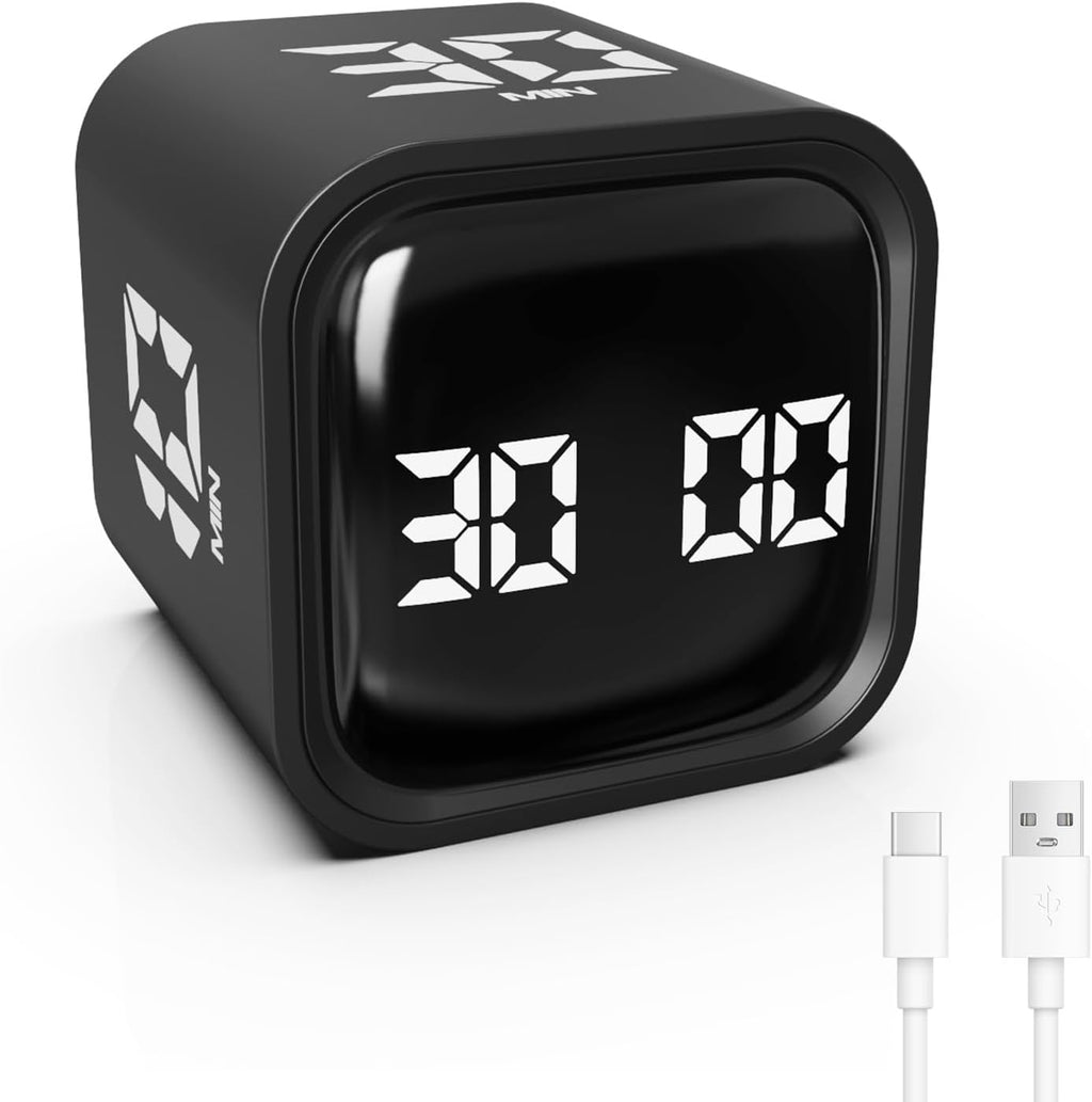 Digital Cube Productivity Timer - Rotating Pomodoro Timer with Gravireceptor 5-10-30-60 Min Custom Countdown, Vibration & Adjustable Volume for Learning Office Kitchen Desk, Black