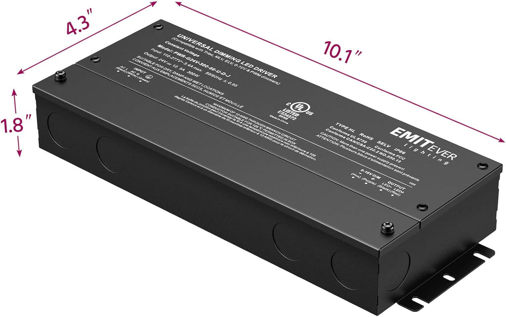 EMITEVER Dimmable Led Driver, 300W AC 110V-277V to DC 24V Transformer, 5-in-1 Dimming: ELV/MLV/TRIAC / 0-10V / 1-10V / 10V PWM/Potentiometer, Waterproof IP67 and UL Listed