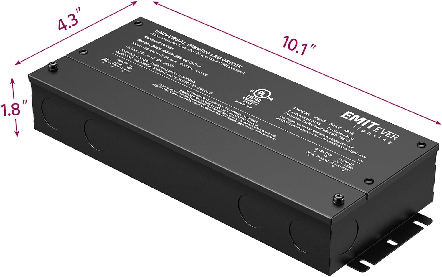 EMITEVER Dimmable Led Driver, 300W AC 110V-277V to DC 24V Transformer, 5-in-1 Dimming: ELV/MLV/TRIAC / 0-10V / 1-10V / 10V PWM/Potentiometer, Waterproof IP67 and UL Listed