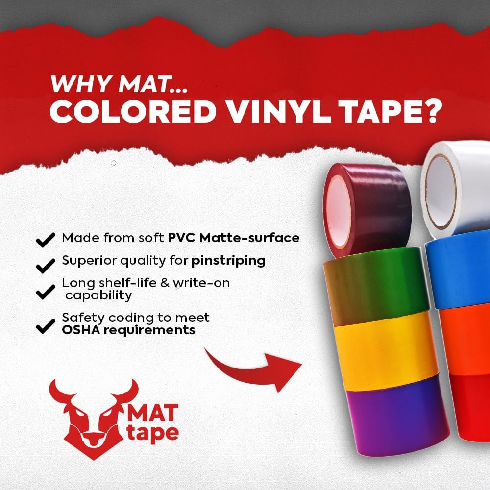 MAT Vinyl Marking Tape Rainbow Pack - 1/4 inch x 36 yds. 12-Rolls Assorted Colors - for Safety Floor Marking (School Gym, Restaurants, Warehouse), Dance Floor Splicing, Pinstriping Cars & Boats