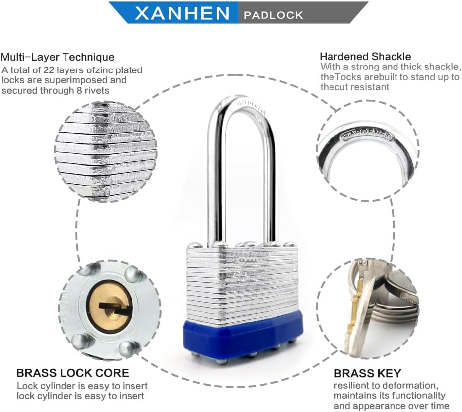 Laminated Steel Padlocks, 24 Pack, Blue, Keyed Alike, Long Shackle, for Hasp Latch, Sheds, Fences, Lockers, Schools, Gyms