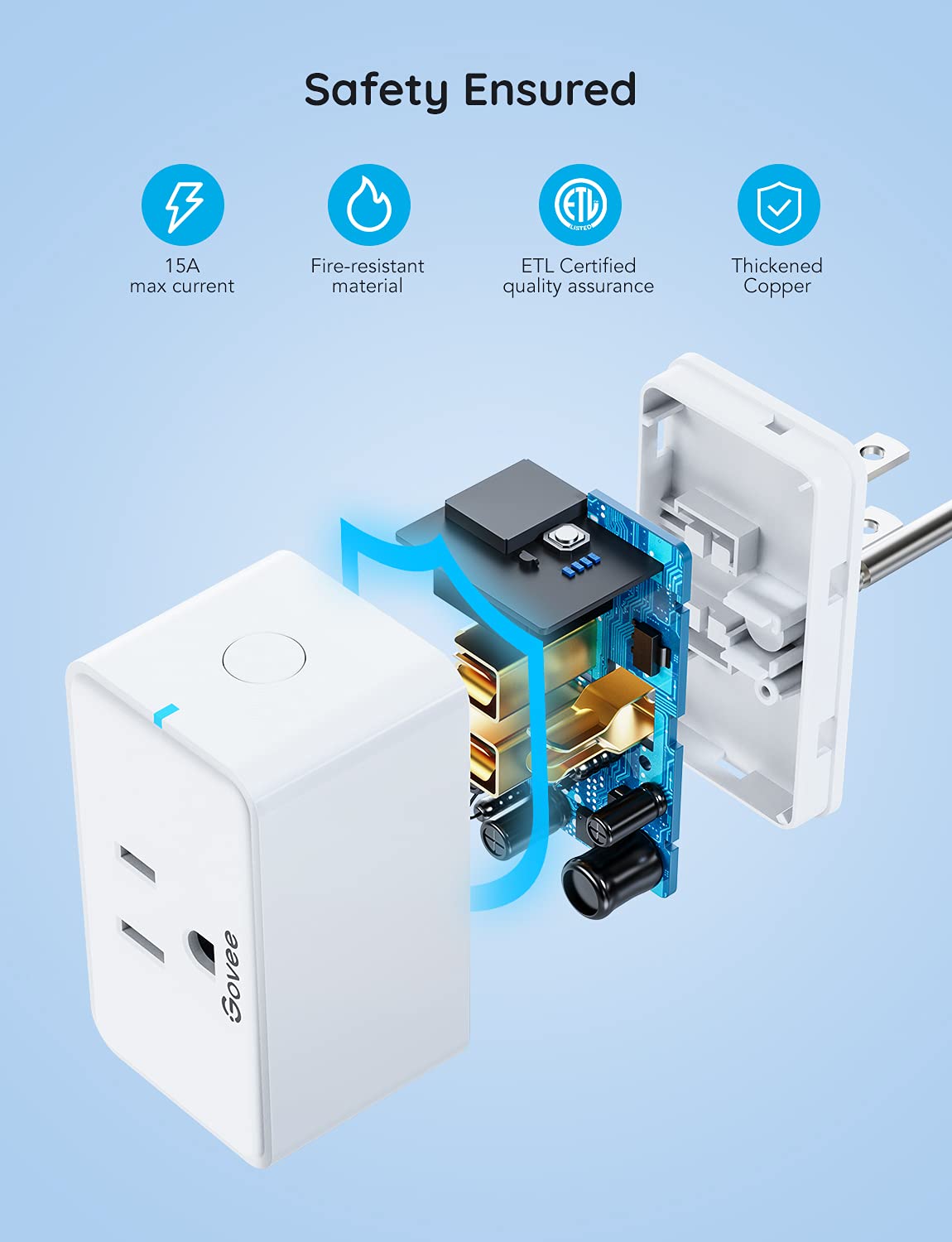 Govee Smart Plug 15A, WiFi Bluetooth Outlet 1 Pack Work with Alexa and Google Assistant, WiFi Plugs with Multiple Timers, Govee Home APP Group Control Remotely, No Hub Required, ETL&FCC Certified