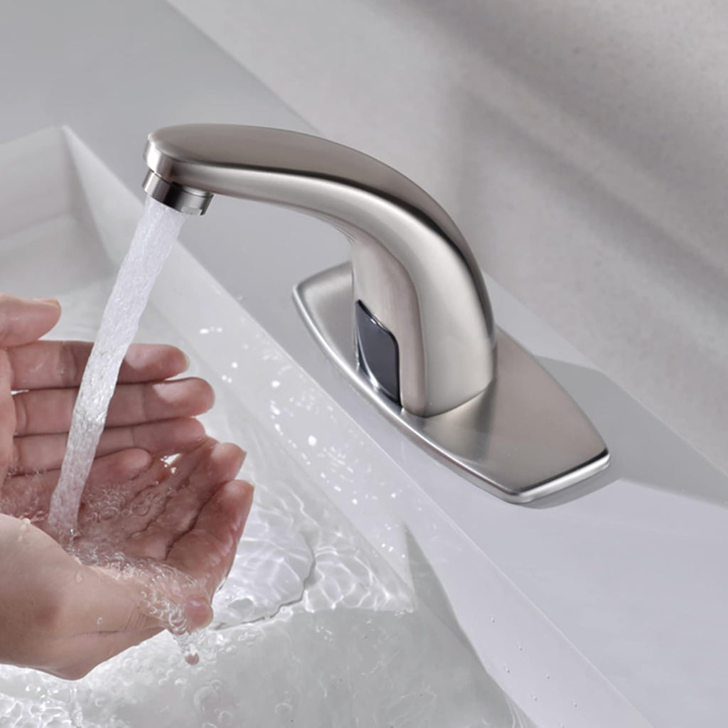 Touchless Bathroom Sink Faucet，Automatic Motion Sensor Faucets with 1 Hole Plate for Water Bath Commercial Lavatory Farmhouse, Brushed